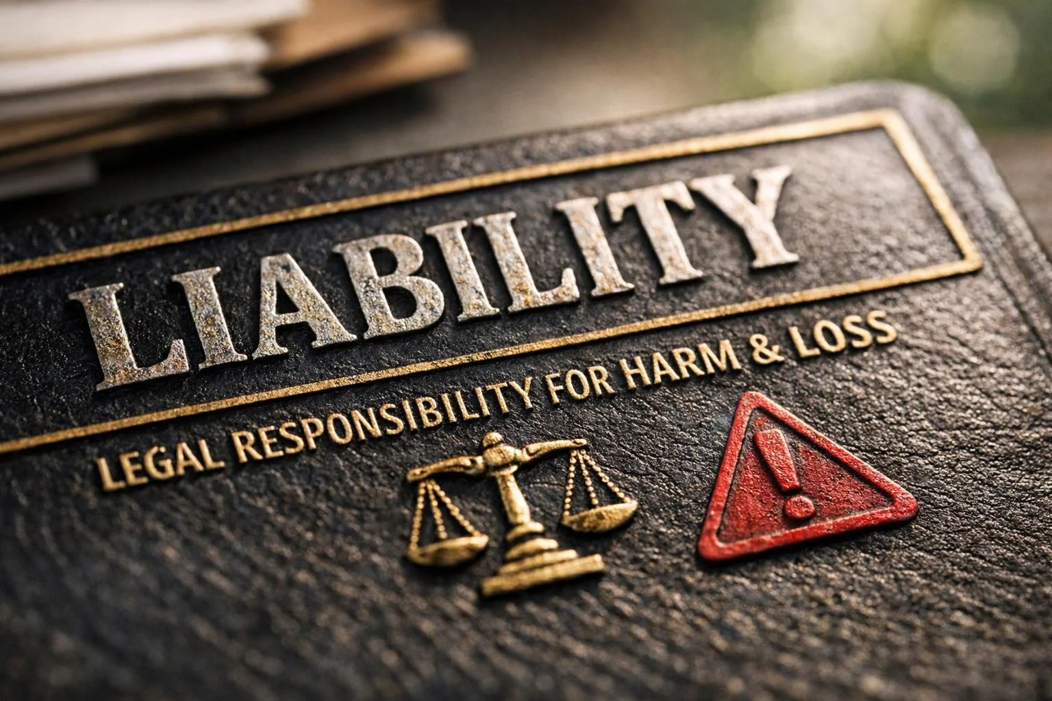 A close-up of a black textured book cover shows the word “LIABILITY,” a balance scale, and a red warning triangle