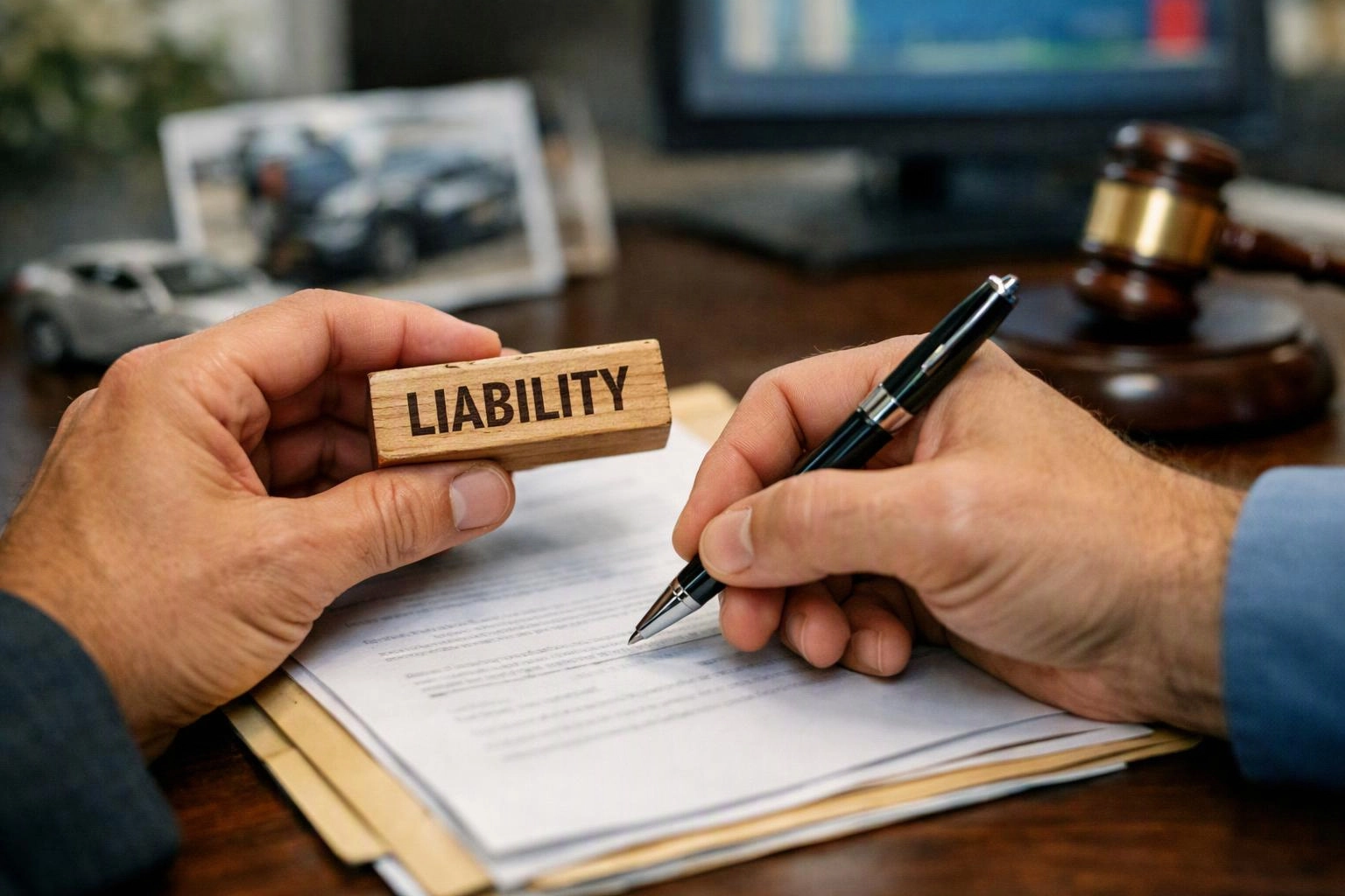 Hands hold a pen and a LIABLITY stamp over papers on a desk with a gavel and blurred photo in back
