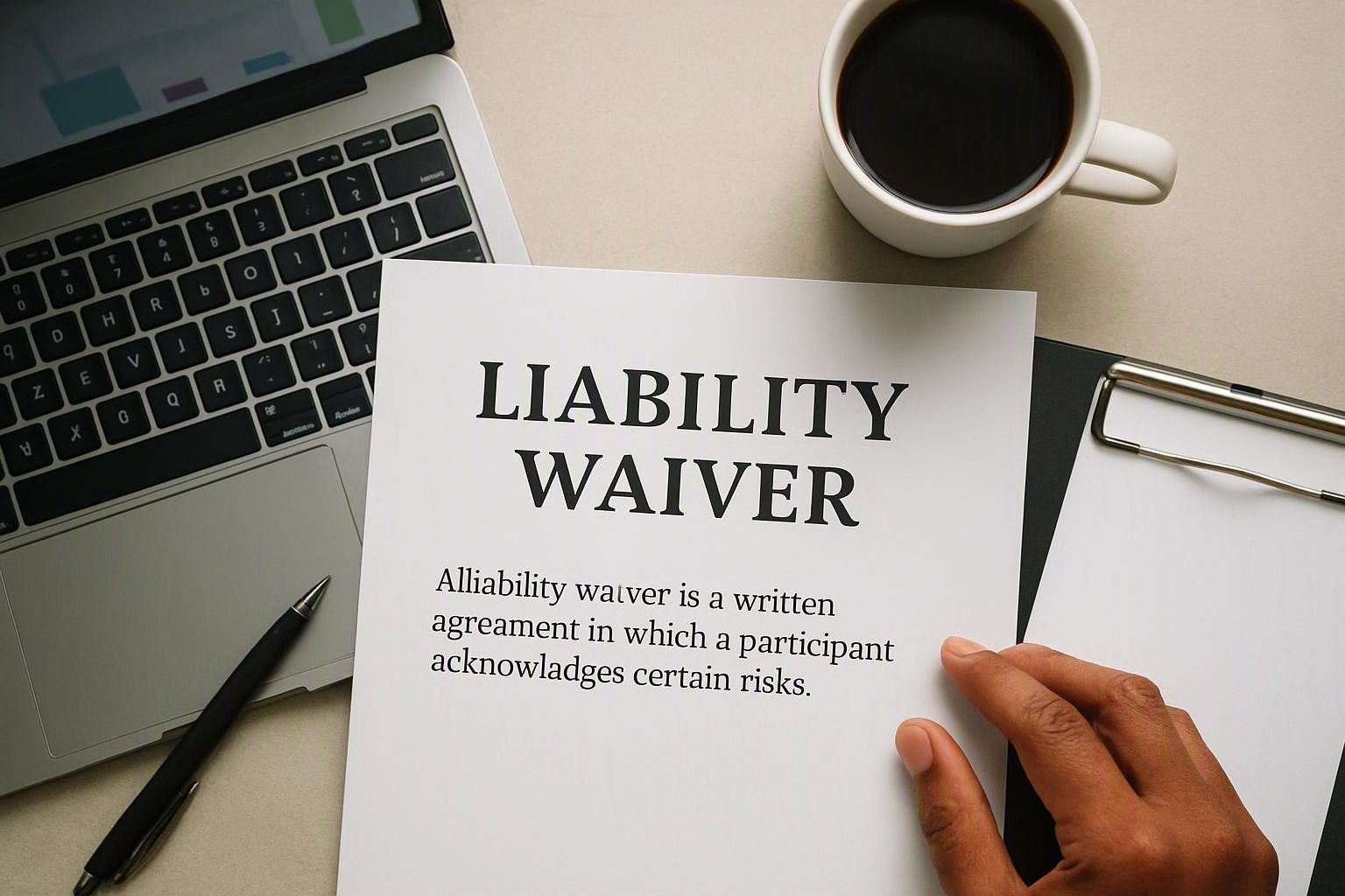 A hand holds a liability waiver beside a laptop, coffee cup, pen, and clipboard on a desk