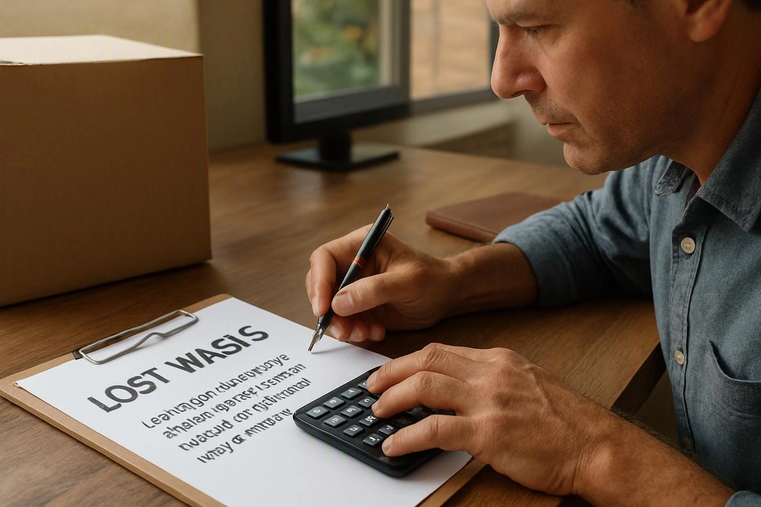 A man sits at a desk, writing on a clipboard and using a calculator beside a cardboard box
