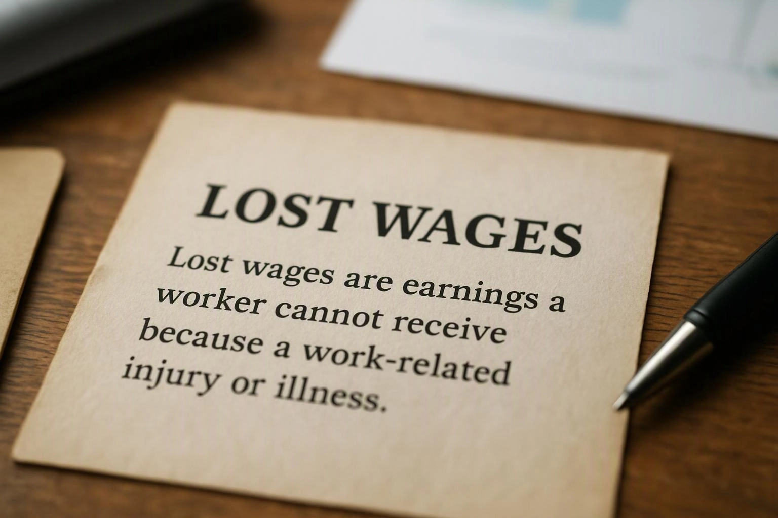 A paper card on a wooden desk shows “LOST WAGES” beside a pen