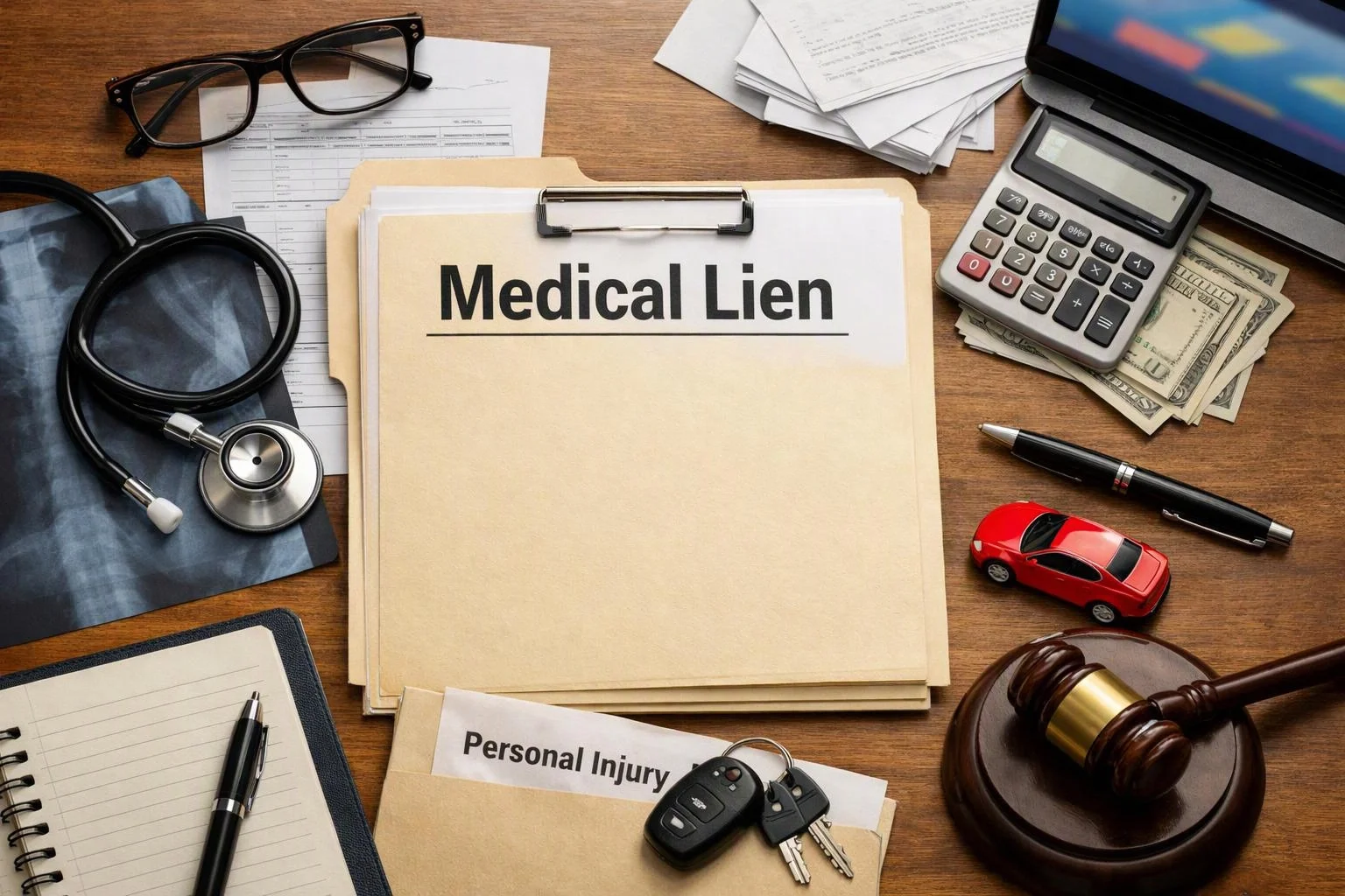 A folder labeled Medical Lien sits among papers, calculator, stethoscope, car, keys, and gavel on a desk