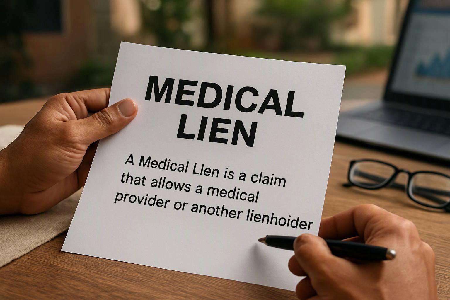 Hands hold a paper titled “MEDICAL LIEN” while a pen points near the text on a desk