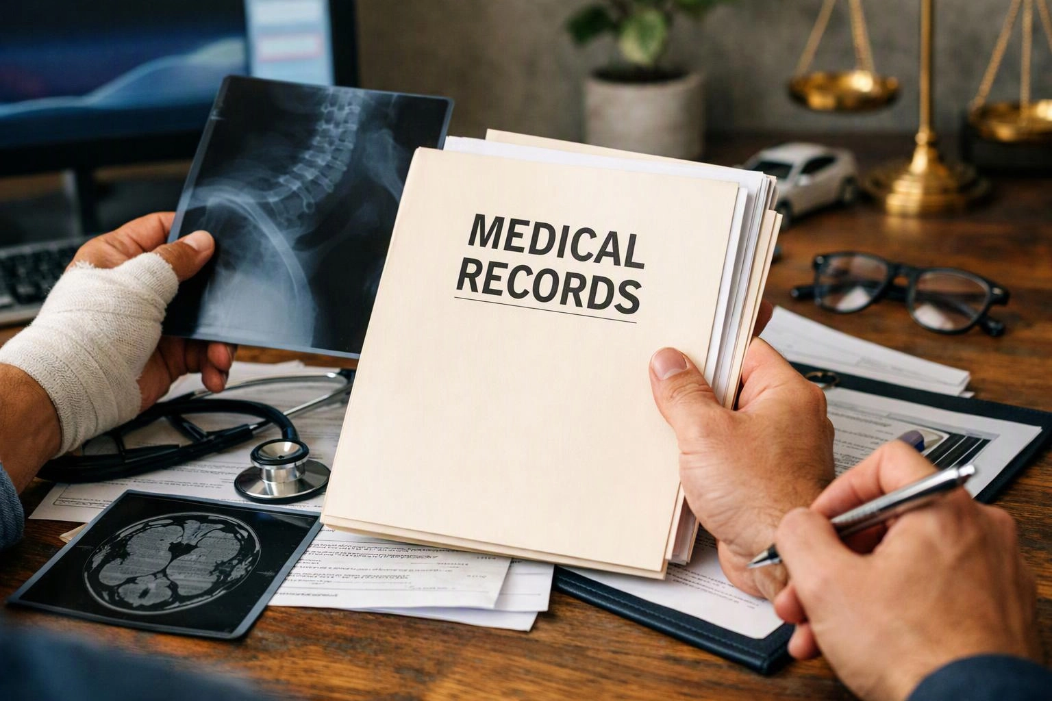 Hands hold an X-ray and a folder labeled medical records over papers on a desk