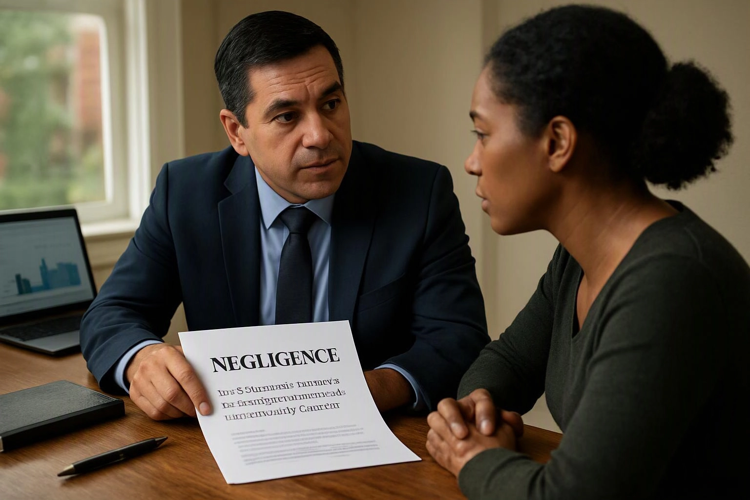 A man in a suit shows a woman a document titled "NEGLIGENCE" across a desk in a small office