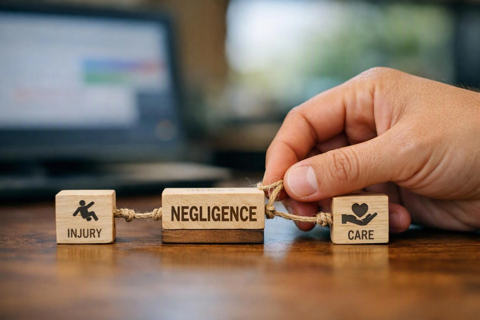 A hand holds a rope beside wooden blocks labeled injury, negligence, and care on a desk