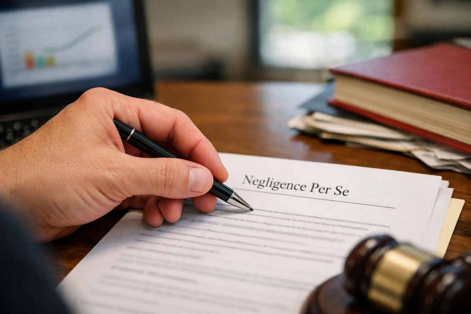 A hand holds a pen over a legal document titled "Negligence Per Se" on a desk