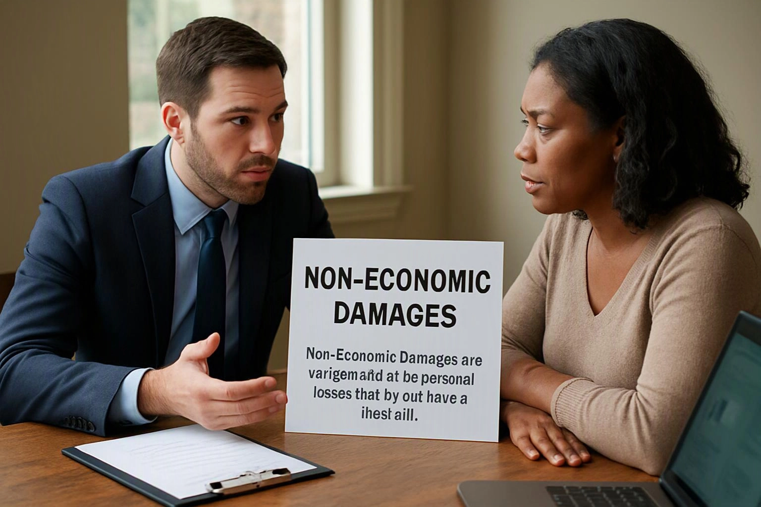 A suited man talks across a table to a woman beside a sign reading “NON-ECONOMIC DAMAGES”