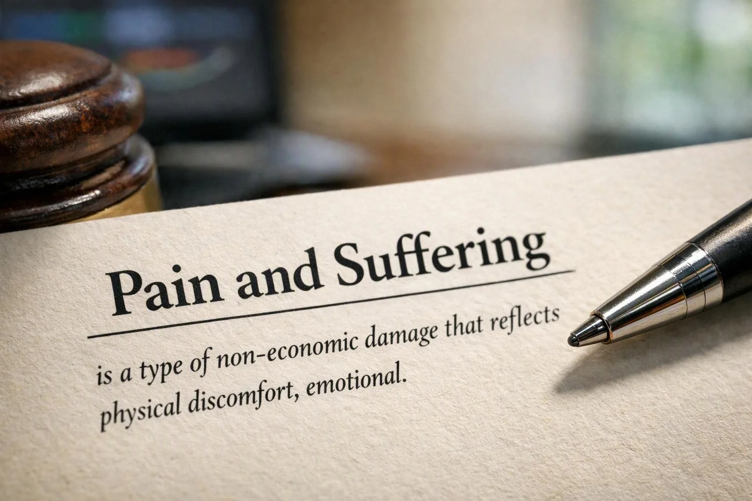 A paper document titled "Pain and Suffering" lies beside a pen and wooden gavel