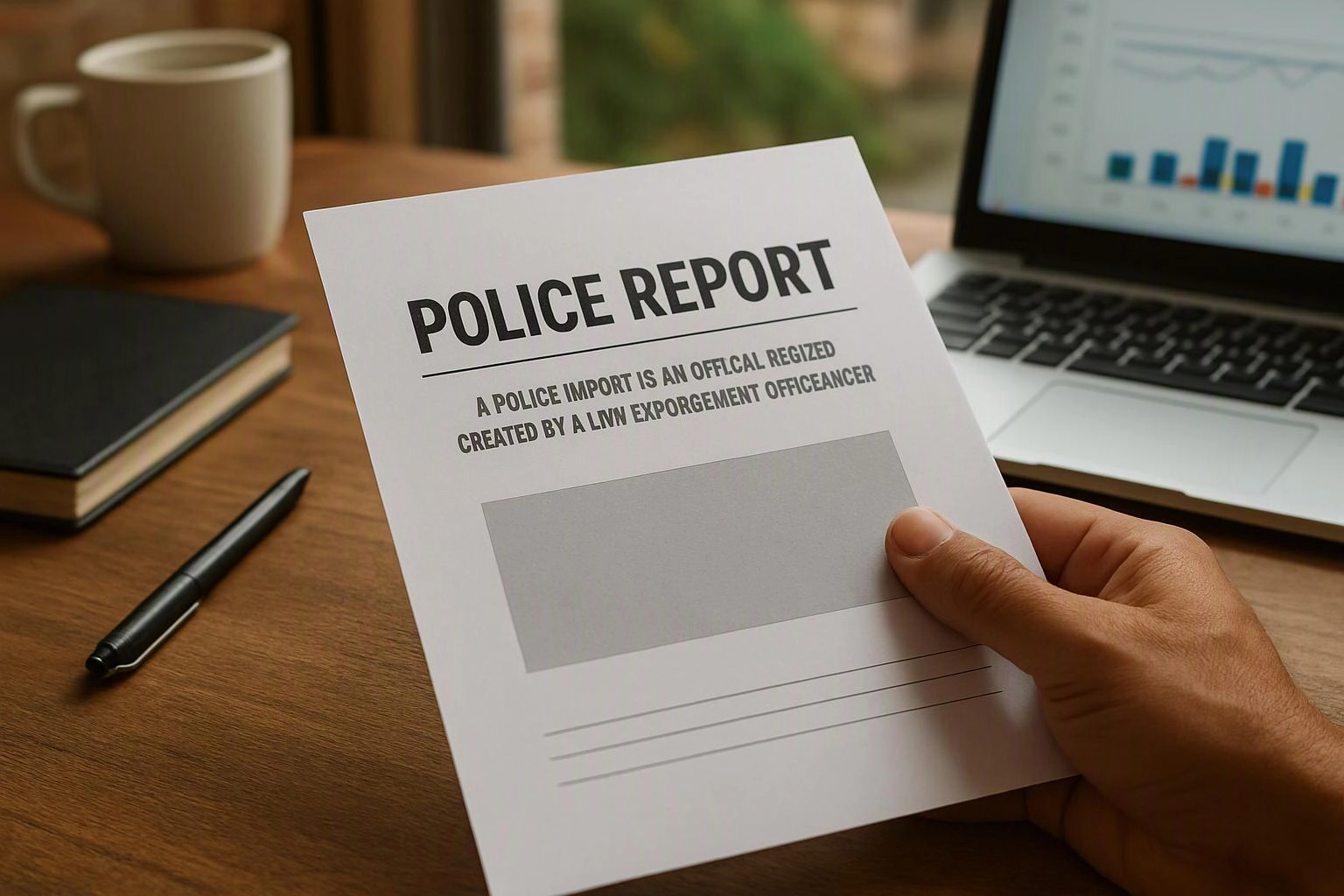 A hand holds a paper labeled “POLICE REPORT” beside a laptop, mug, notebook, and pen on a desk
