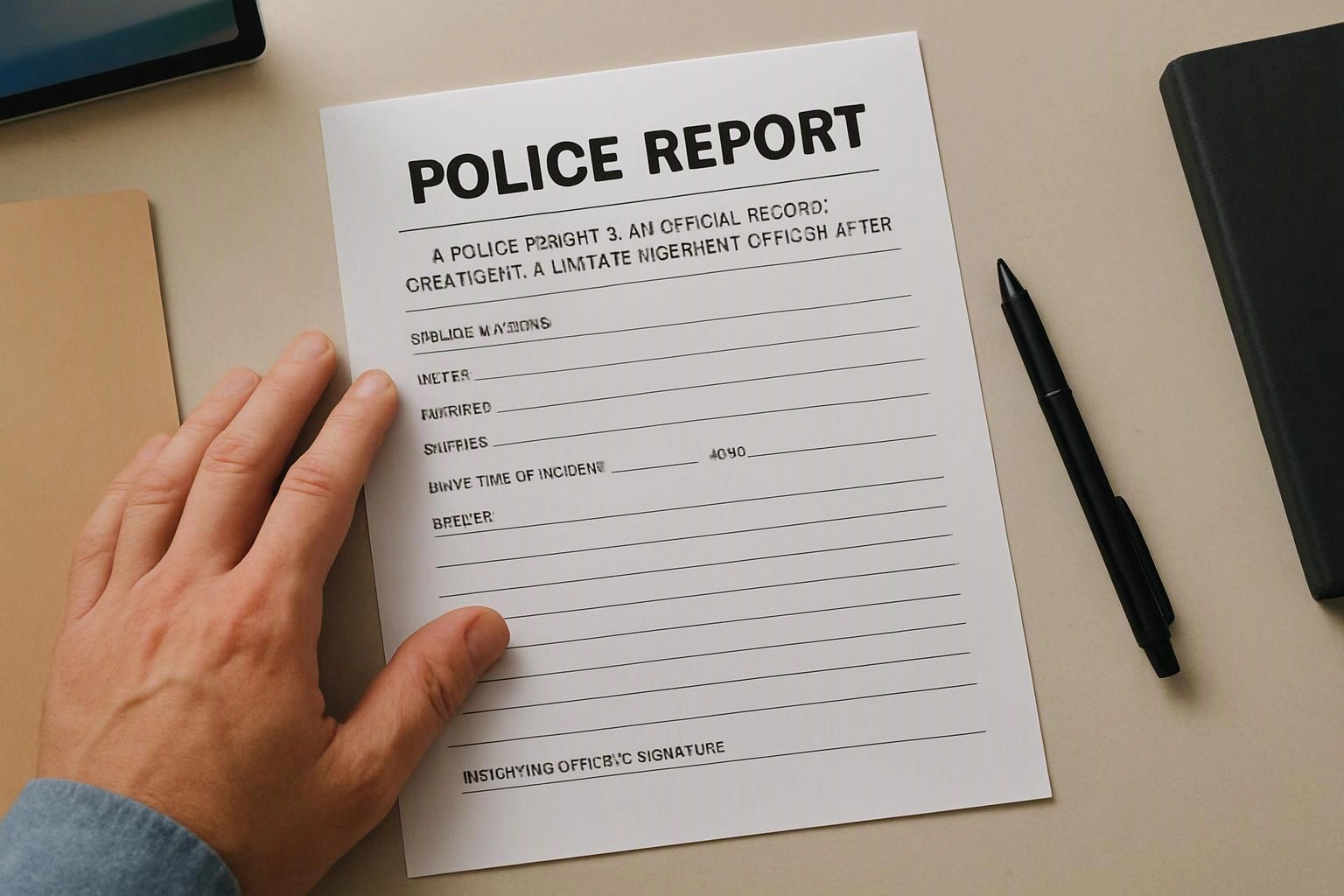 A hand holds a police report form on a desk beside a pen and folders