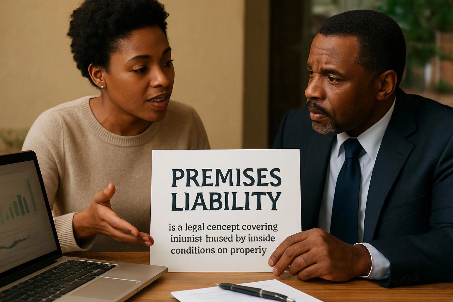 Two people sit at a table discussing a sign that reads “PREMISES LIABILITY” beside a laptop and papers