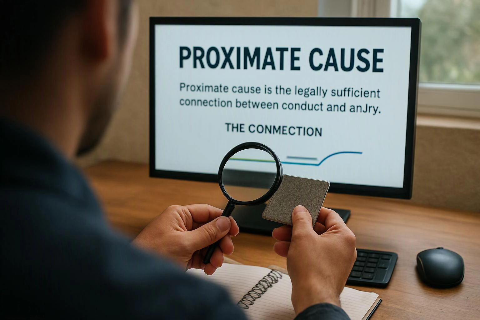 A person studies a monitor with legal text while holding a magnifying glass and a card at a desk