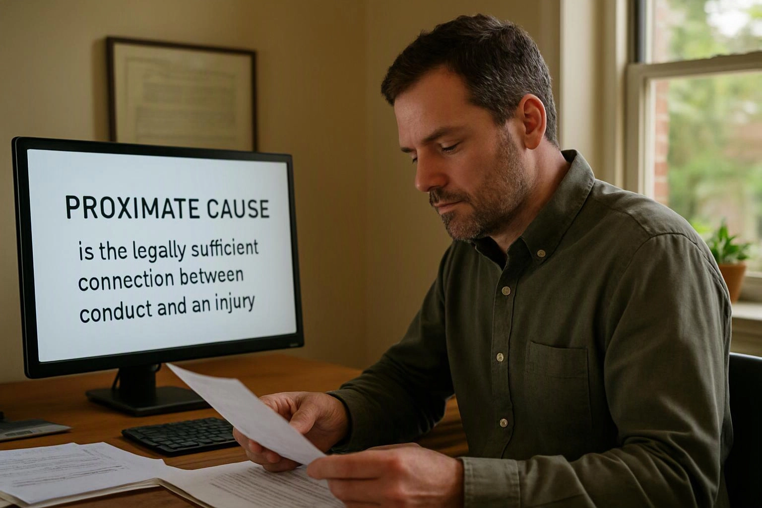 A man reads a paper at his desk beside a monitor showing a proximate cause definition