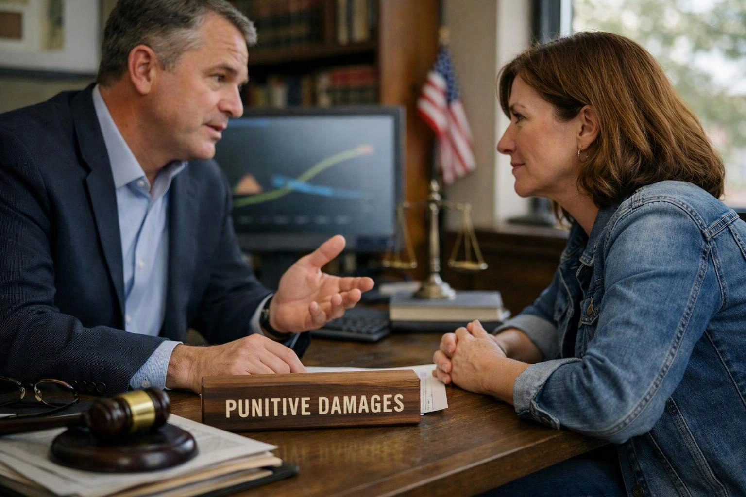 A man in a suit talks across a desk to a woman in a denim jacket beside a sign reading “PUNITIVE DAMAGES”