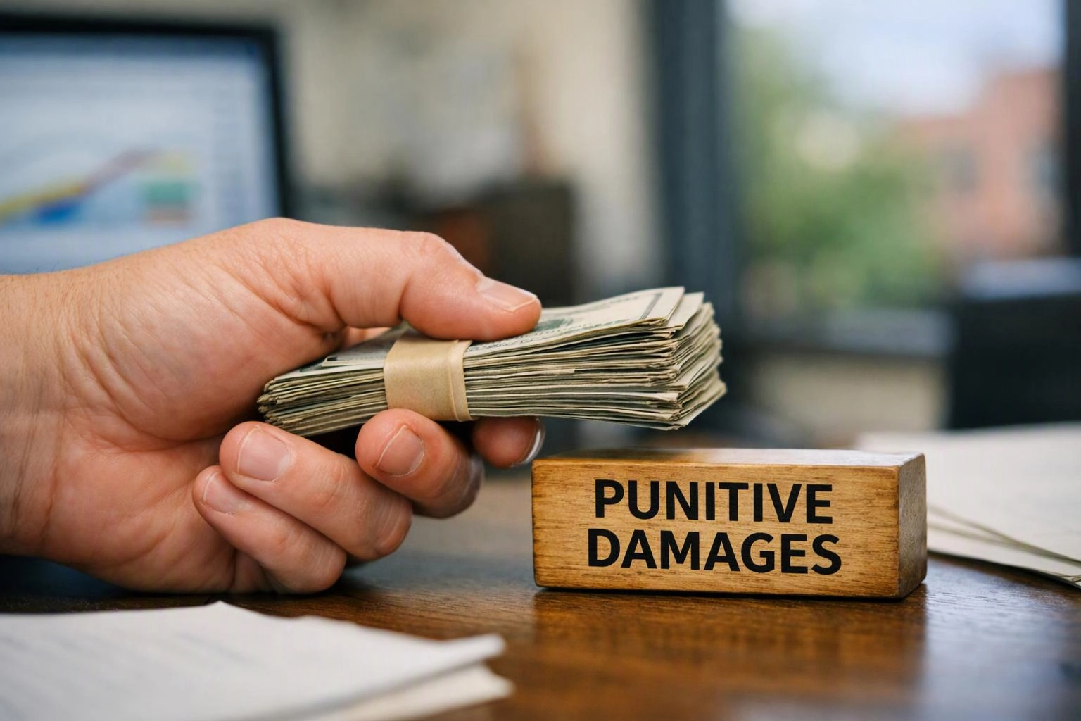 A hand holds a stack of cash beside a wooden block labeled “PUNITIVE DAMAGES” on a desk