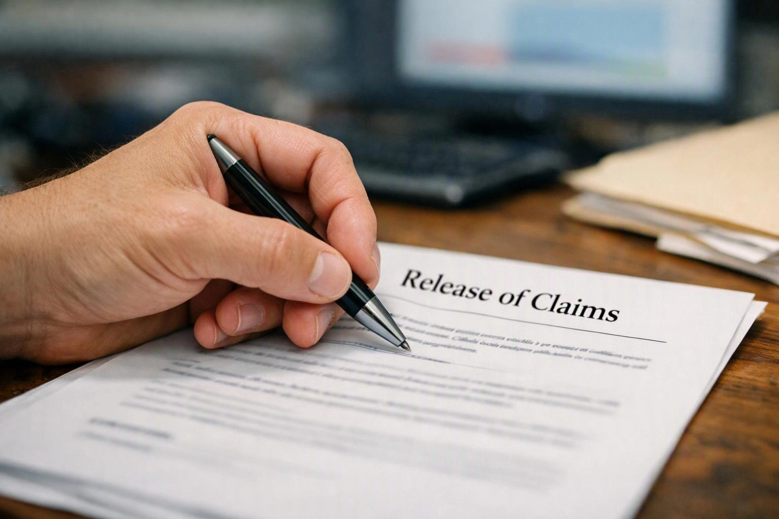 A hand holds a pen over a paper titled "Release of Claims" on a desk with a blurred computer in back