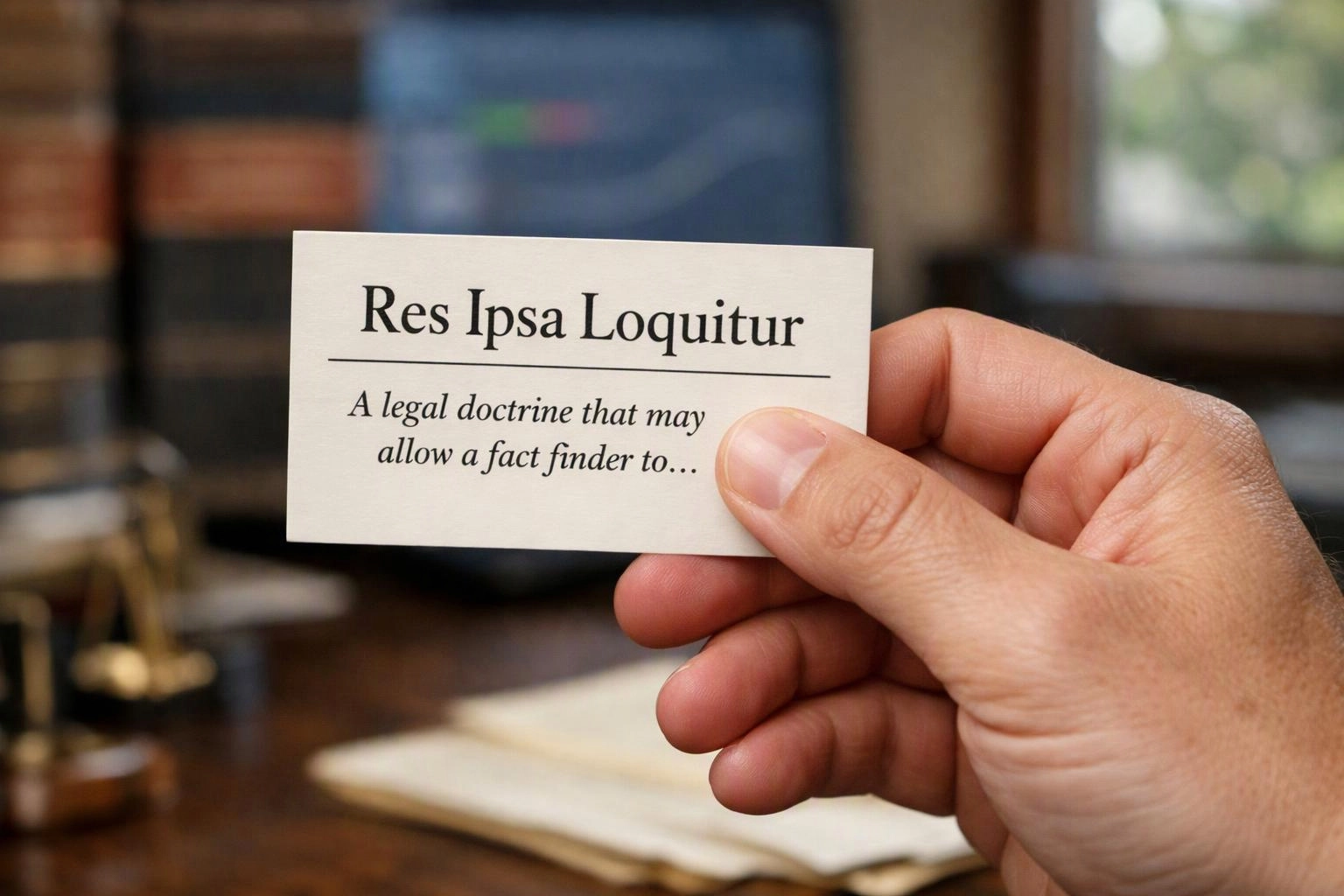 A hand holds a card reading “Res Ipsa Loquitur” over a blurred desk with books and papers