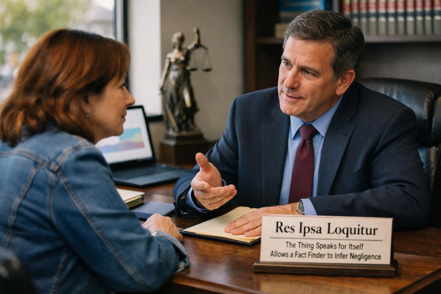 A suited man speaks across a desk to a woman, with a law office sign and statue behind them