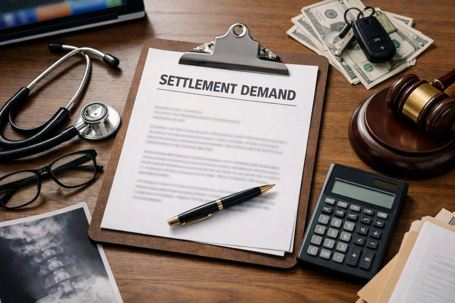 A clipboard holds a document titled “SETTLEMENT DEMAND,” surrounded by a stethoscope, gavel, calculator, cash, keys