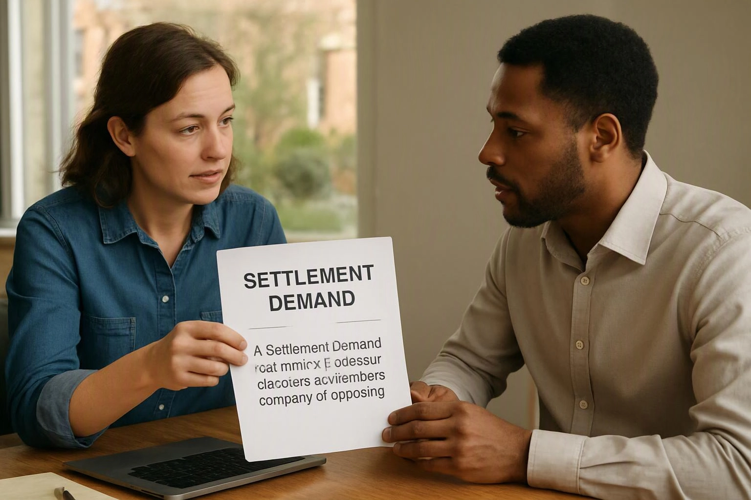 Two people sit at a table, looking at a paper labeled "SETTLEMENT DEMAND" in a bright office