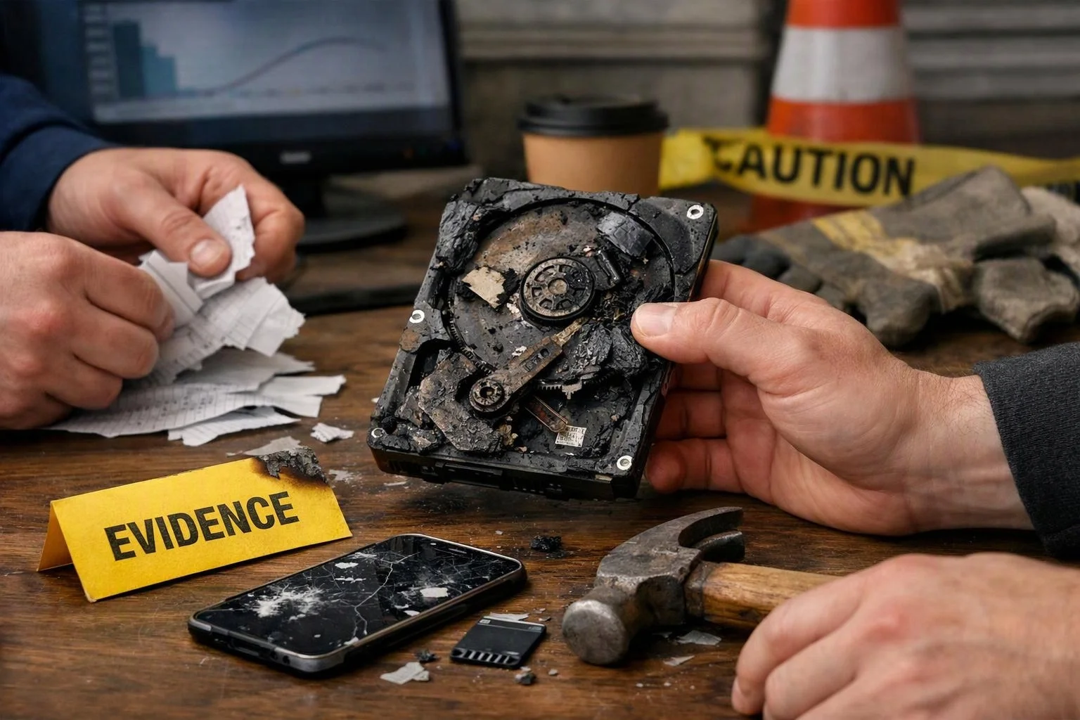 Hands inspect a burned hard drive and cracked phone on a table with evidence marker and hammer