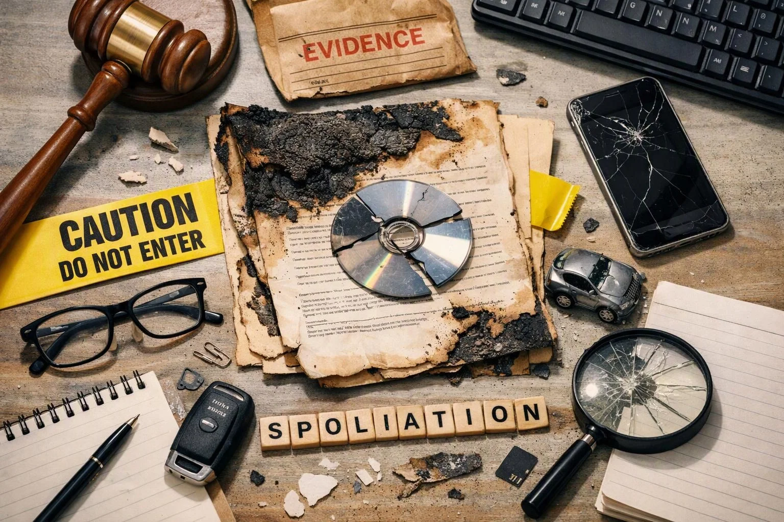 A burnt case file with a cracked CD sits beside a gavel, caution tape, broken phone, and magnifying glass on a desk