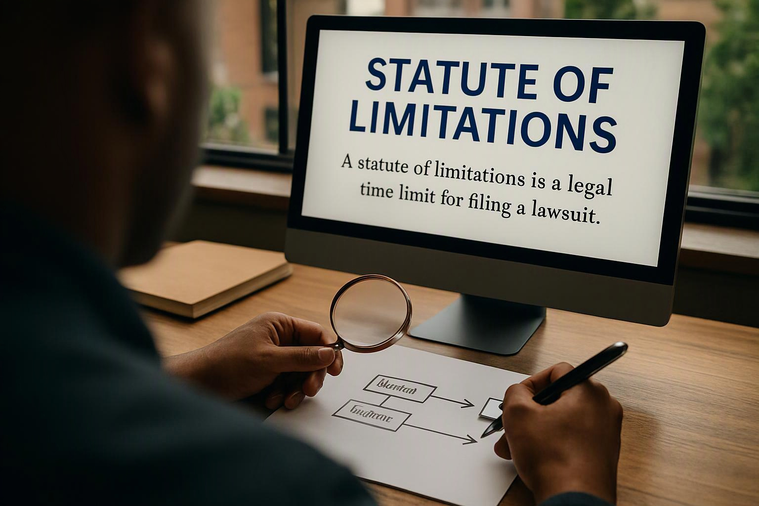 Person at a desk studies a computer screen about statute of limitations while holding a magnifying glass and pen