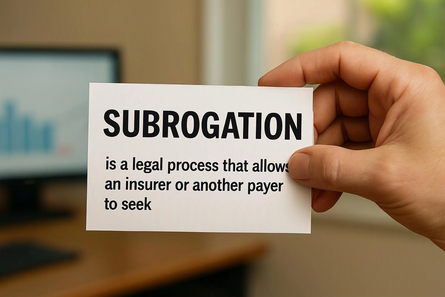 A hand holds a card reading “SUBROGATION” with smaller text in front of a blurred computer screen and desk