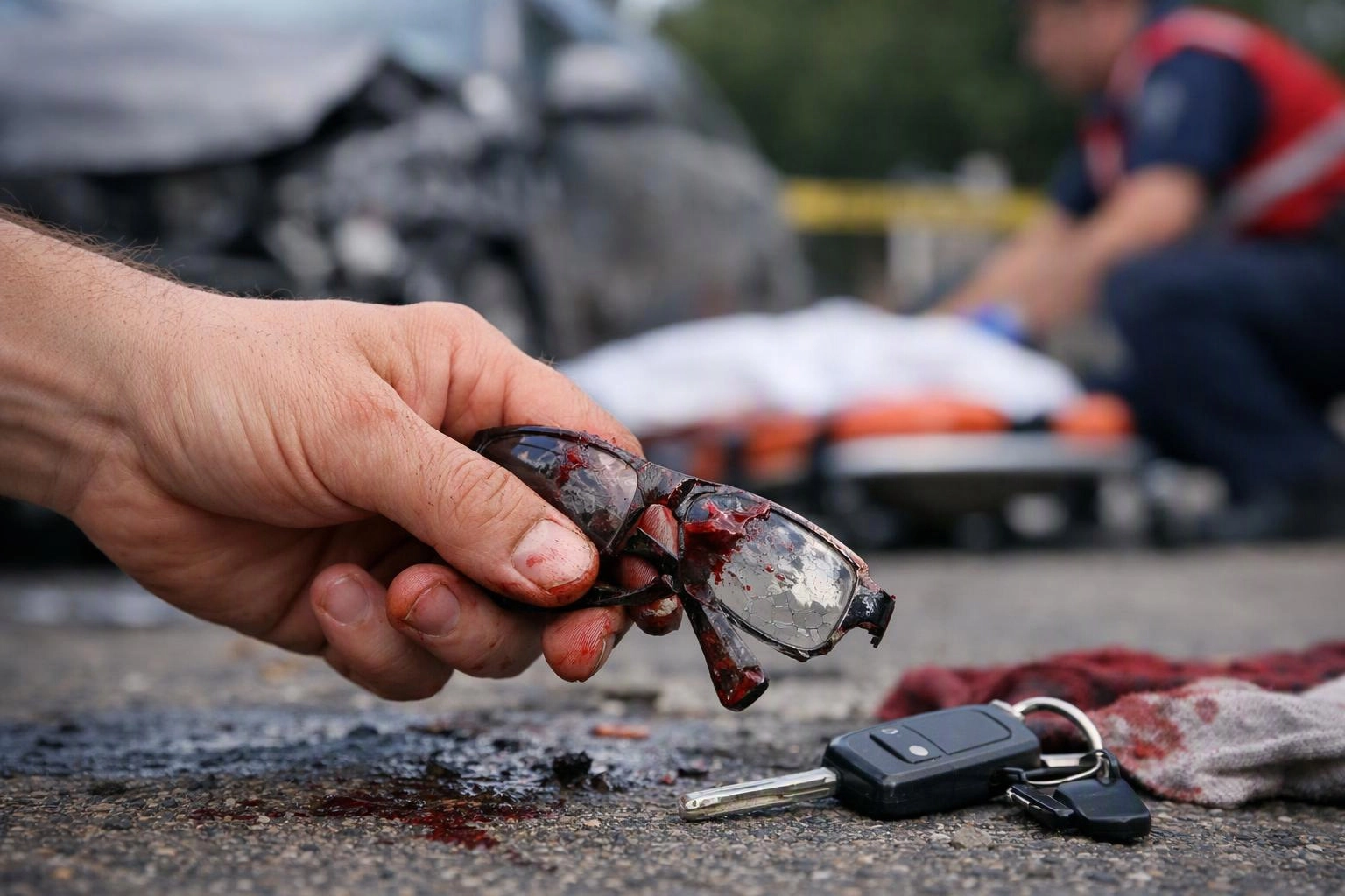 A bloodied hand holds broken glasses on a road beside car keys and a blurred responder in the background