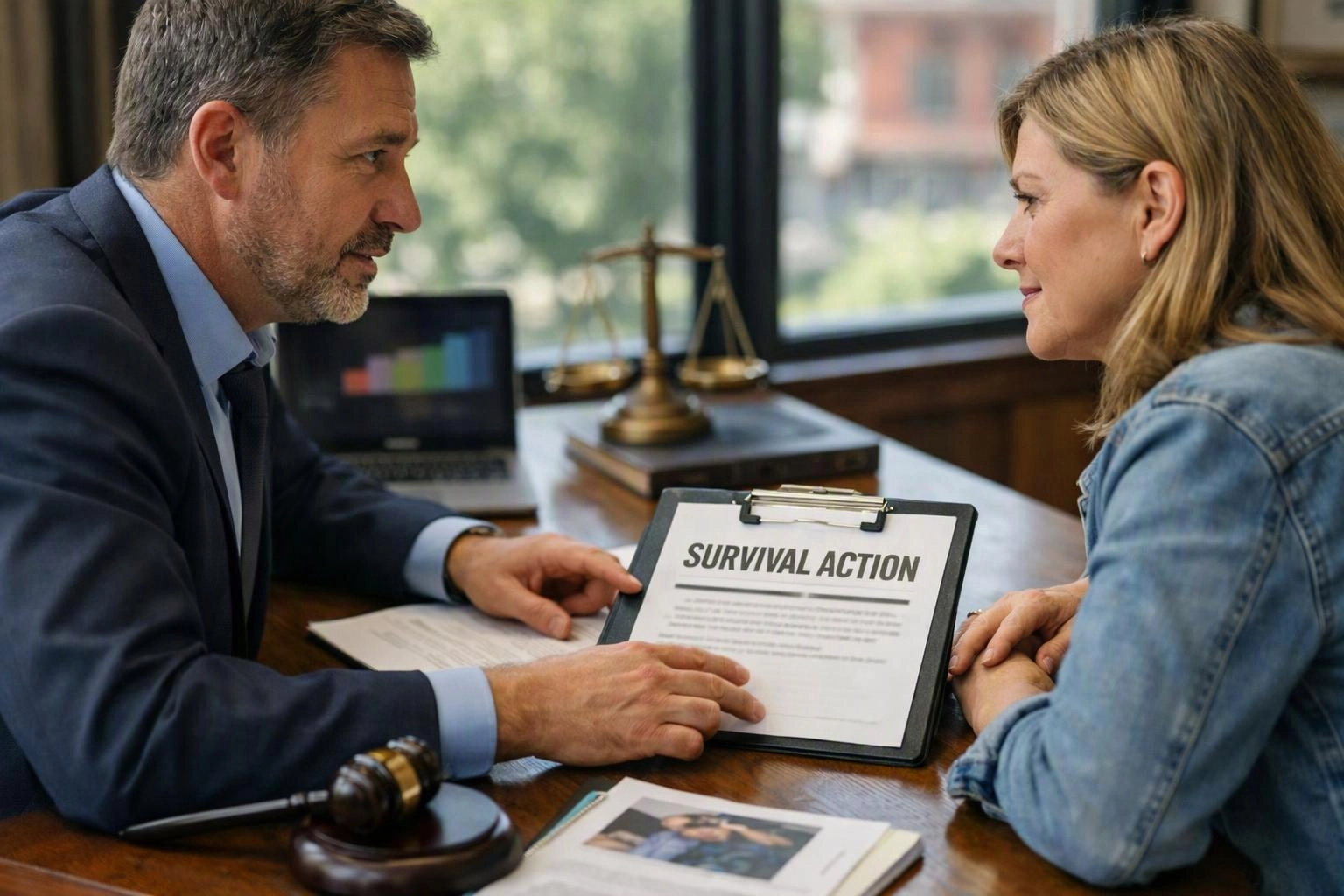 A man in a suit shows a woman a clipboard document titled “SURVIVAL ACTION” in an office