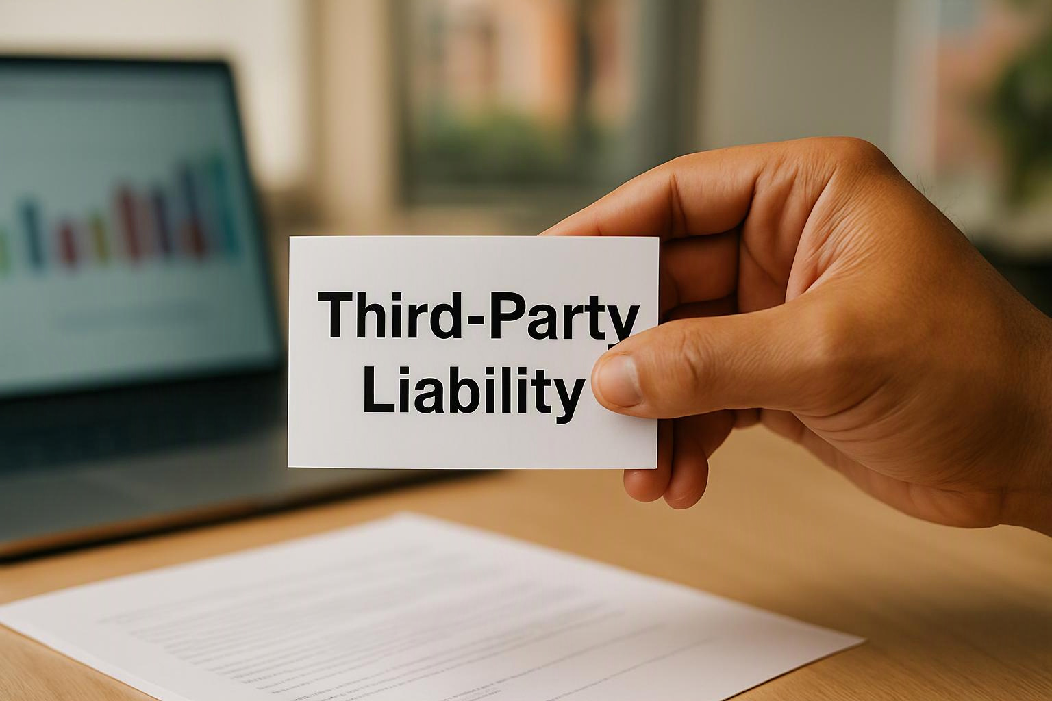 A hand holds a card reading “Third-Party Liability” above a desk with a laptop and paperwork