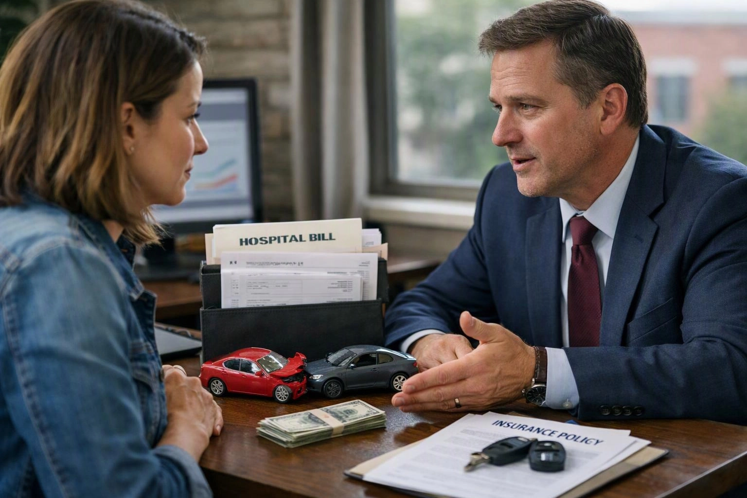 A suited man talks with a woman across a desk covered in car crash and insurance documents