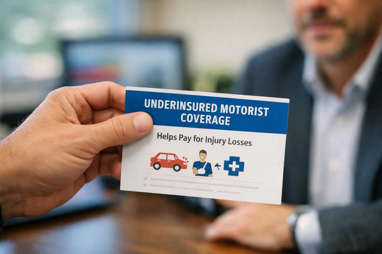 A hand holds an insurance card reading “UNDERINSURED MOTORIST COVERAGE” across a desk with a blurred man in the background