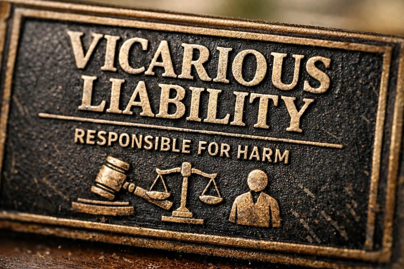 A textured plaque shows the words “VICARIOUS LIABILITY” and “RESPONSIBLE FOR HARM” with legal icons