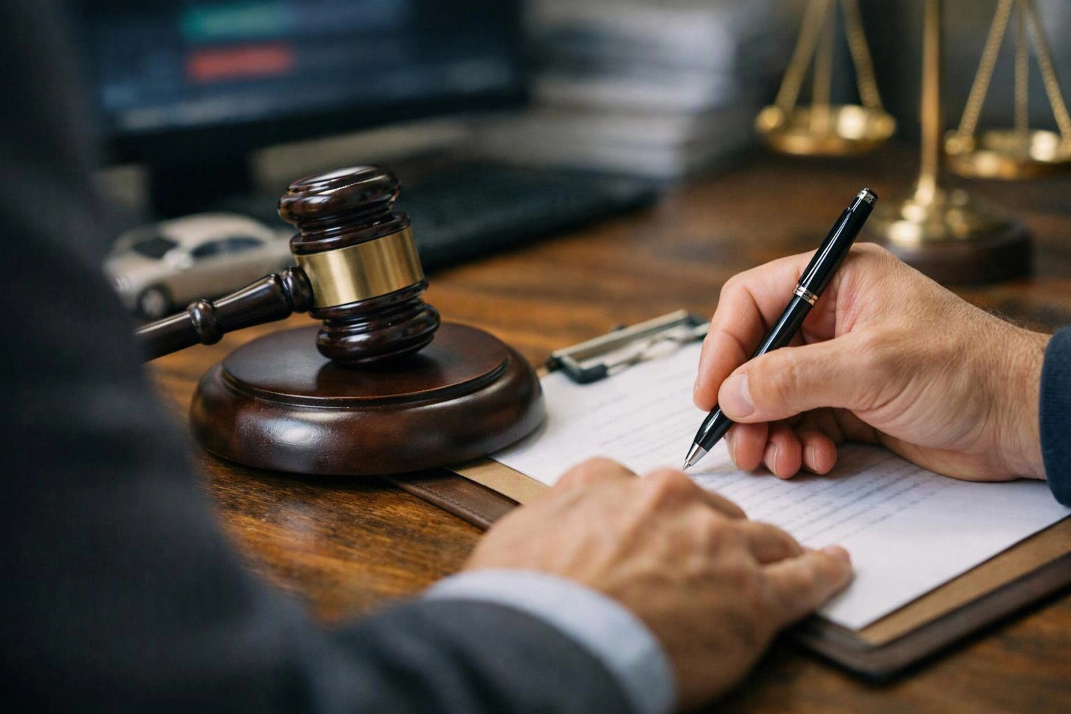 A hand writes on a clipboard beside a gavel on a wooden desk in a legal office
