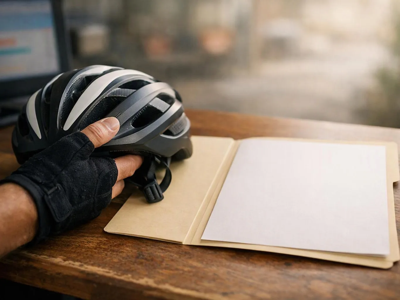A gloved hand holds a bicycle helmet over an open blank folder on a wooden table