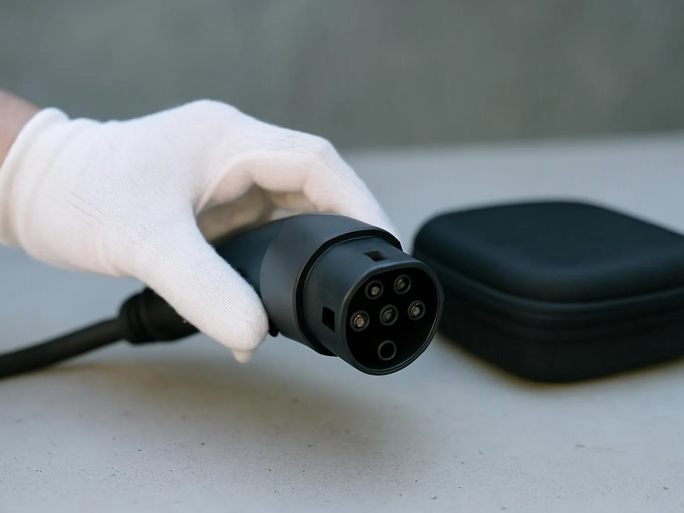 A gloved hand holds a black charging cable plug beside a small case on a table