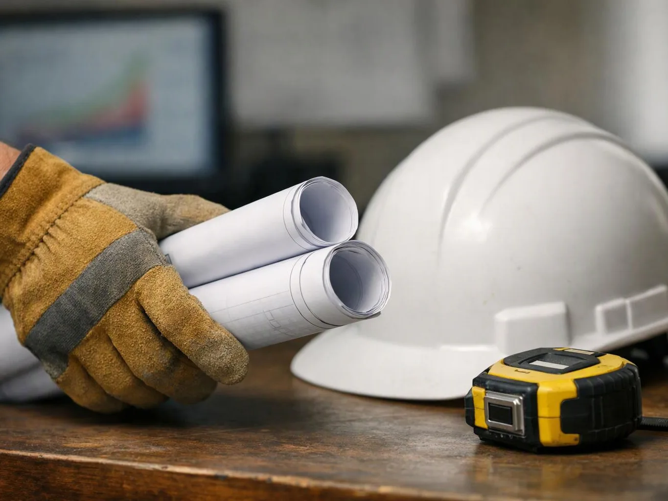 A gloved hand holds rolled blueprints beside a white hard hat and a yellow tape measure on a desk