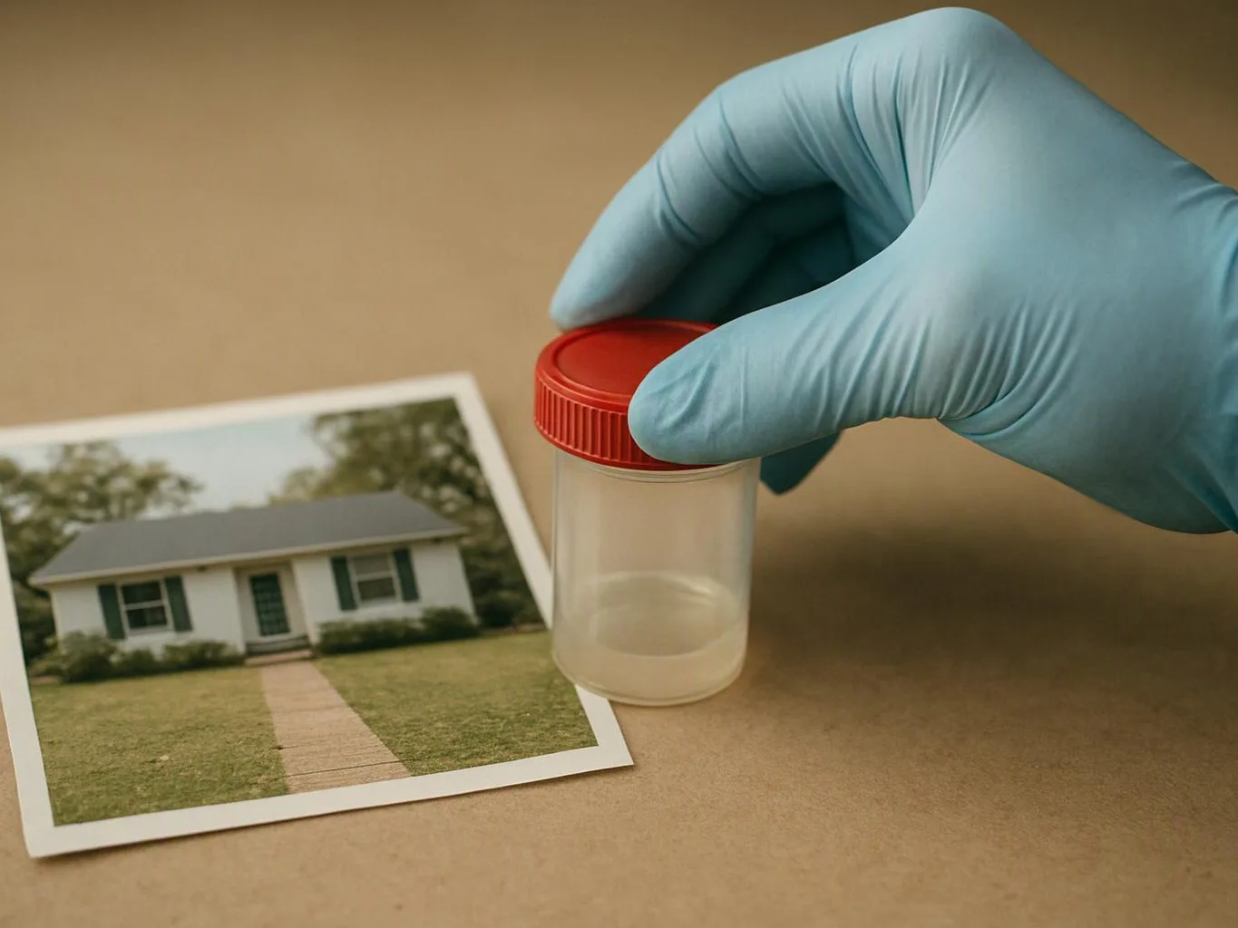 A gloved hand holds a sample vial beside a photo of a small house on a table