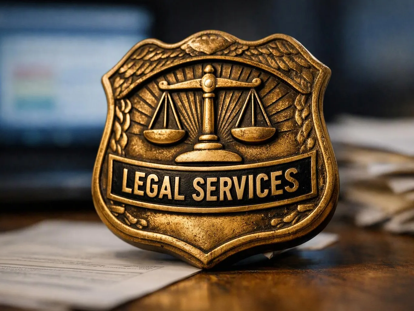 A gold legal services badge with scales rests on papers atop a wooden desk