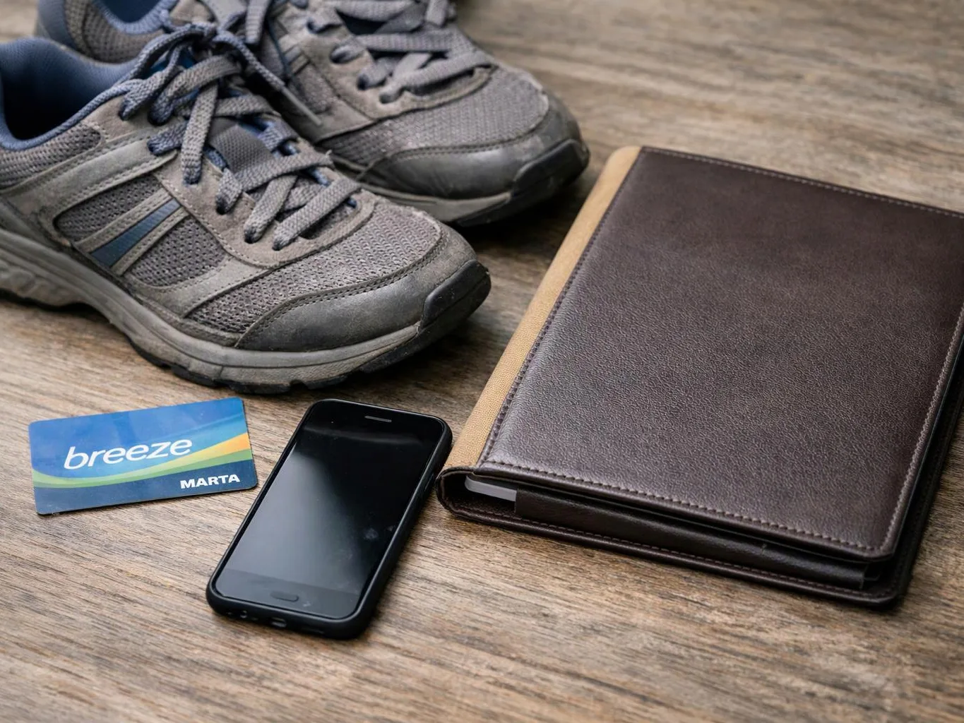 Gray athletic shoes, a smartphone, a blue transit card, and a brown leather folder rest on a wood table