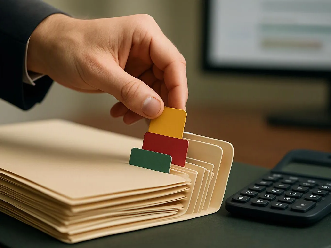 A hand in a dark sleeve pulls a yellow tab from a stack of file folders beside a calculator