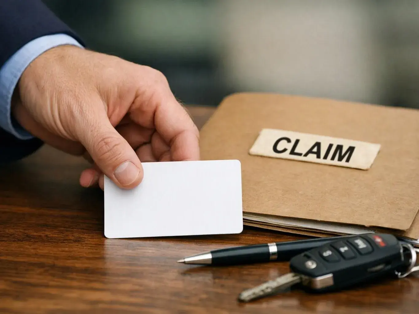 A hand holds a blank card beside a folder labeled “CLAIM” on a wooden desk