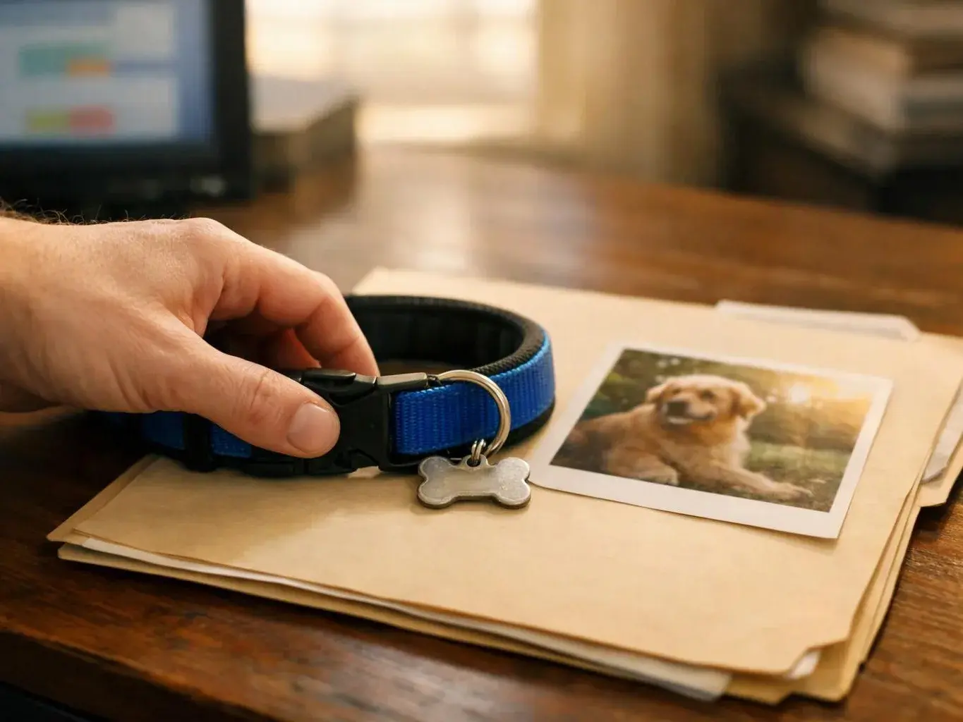 A hand holds a blue dog collar beside a bone tag and a puppy photo on a folder