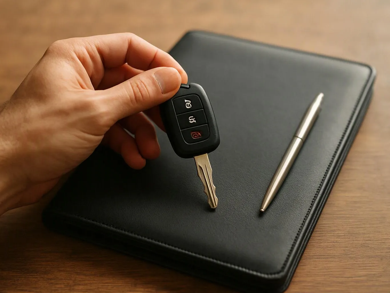 A hand holds a car key above a black notebook beside a silver pen on a wooden table