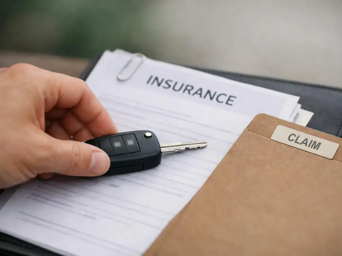 A hand holds a car key over insurance papers beside a folder labeled “CLAIM”