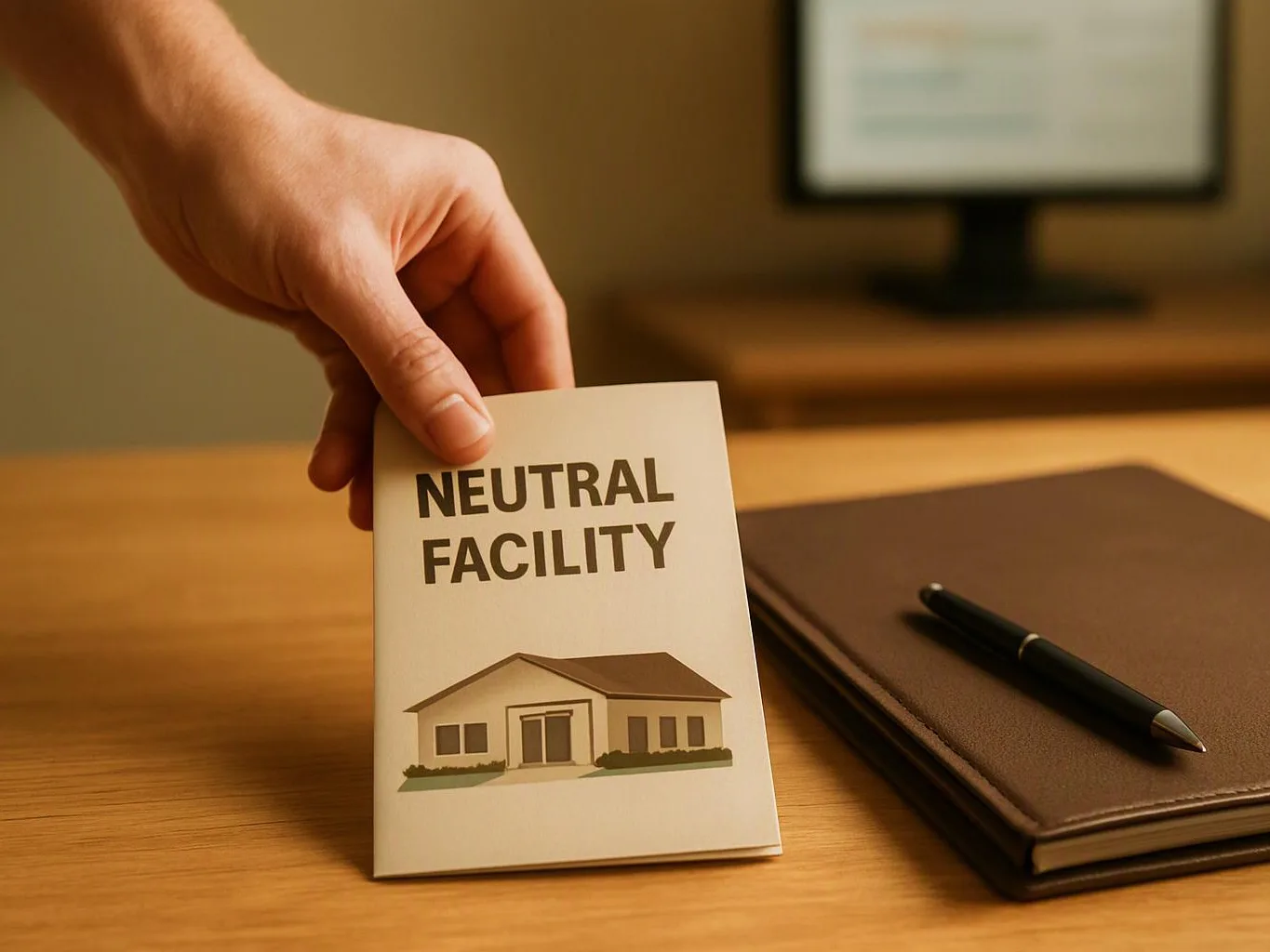 A hand holds a card labeled “NEUTRAL FACILITY” beside a notebook and pen on a wooden desk
