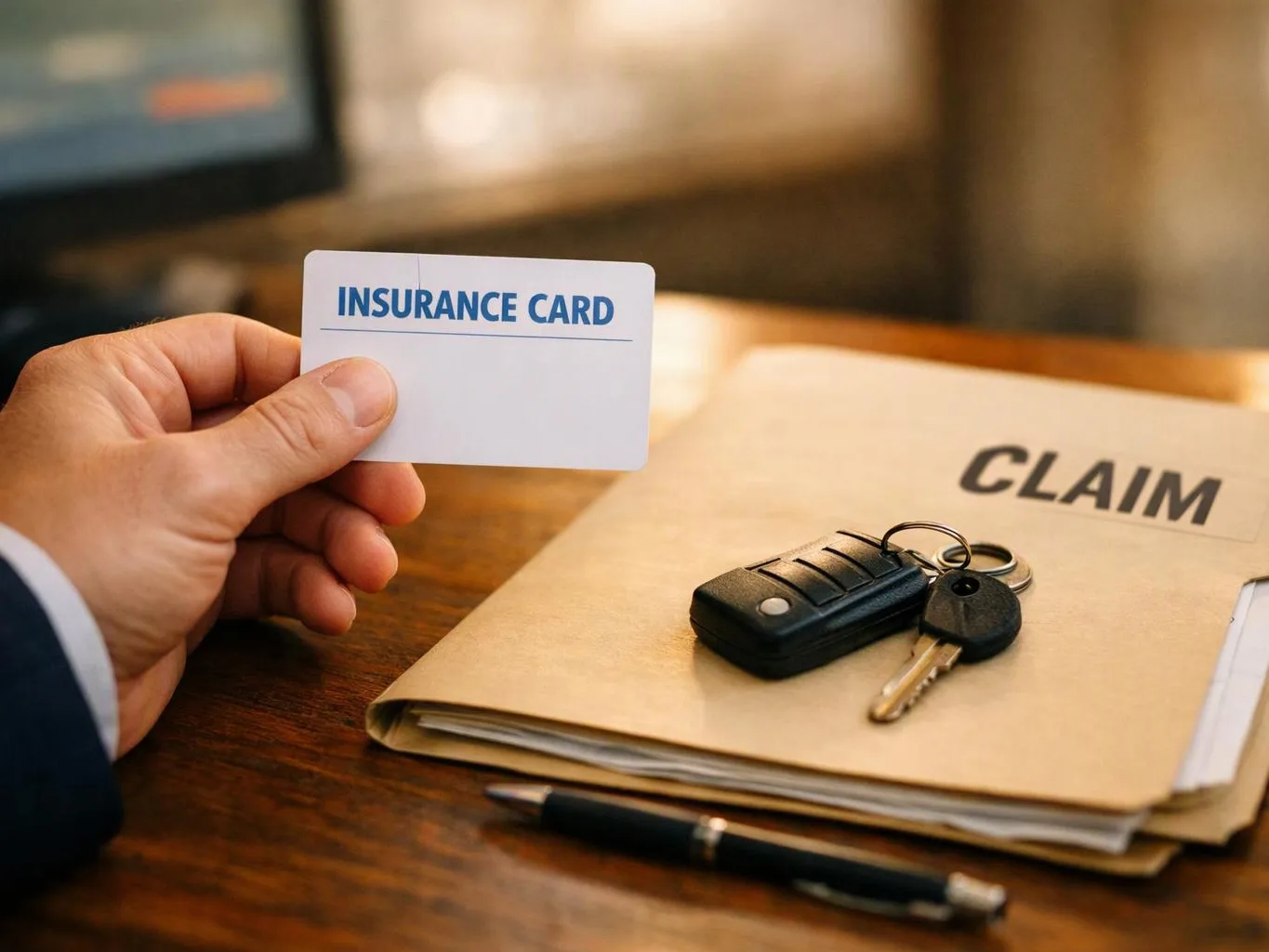 A hand holds an insurance card above a claim folder with car keys on a wooden desk