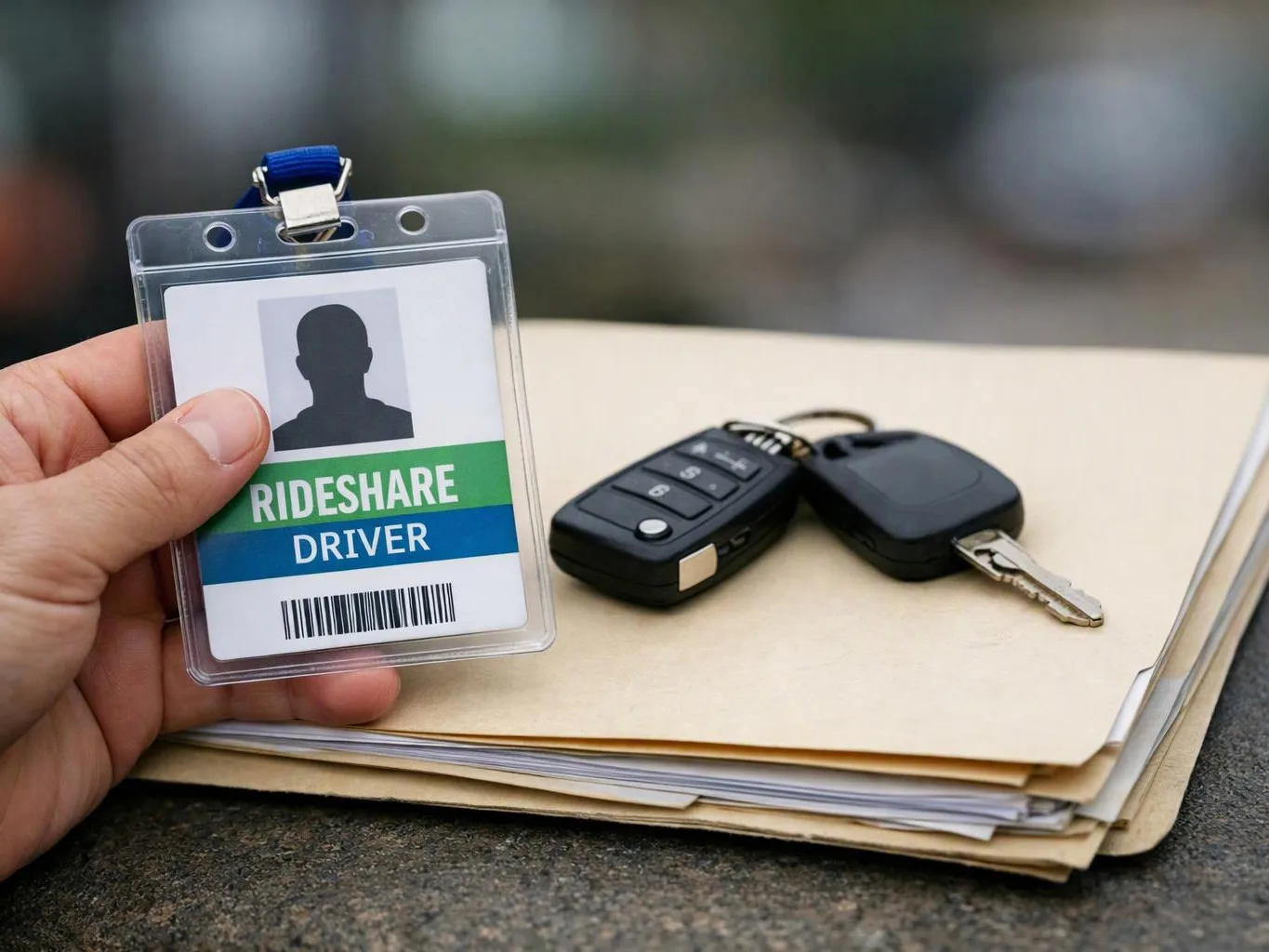 A hand holds a rideshare driver badge beside car keys on a stack of folders